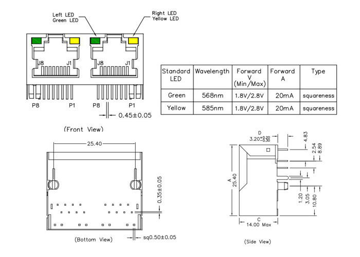 HR971202A 1X2 Port Tab Up RJ45 Connector With LEDs For 10/100 Base TX