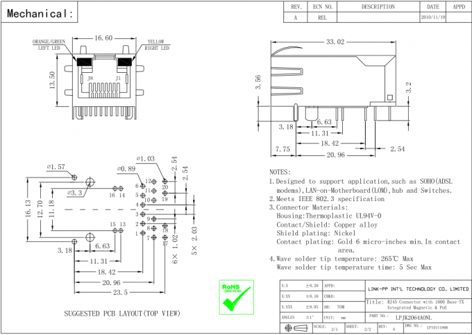 POE RJ45 Female Connector LPJK2064AONL Integrated Magnetics rj45 and rj11 jack wiring 