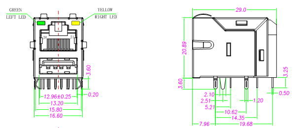 ARJ-232 | LPJU3401AHNL USB2.0 with Rj45 Magnetics 10/100M Shielded w/LEDs