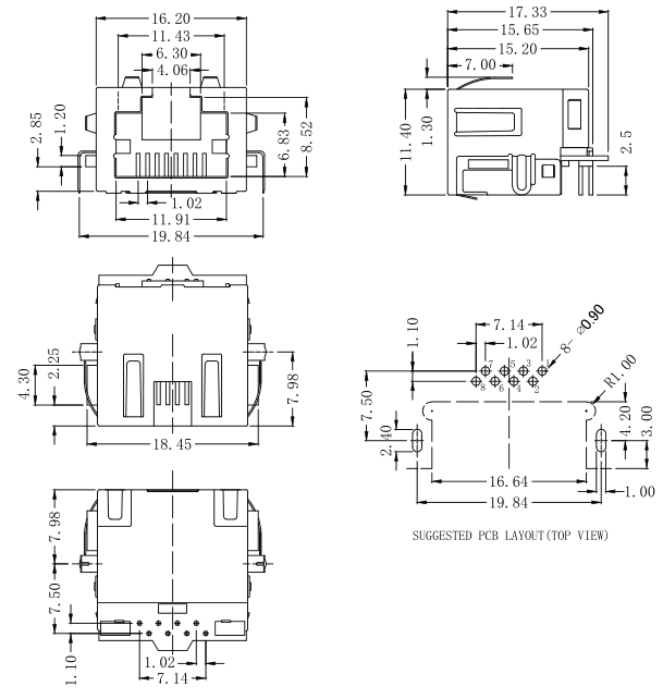 Mid mount RJ45 Connector PCB Mounting Low Profile TH, LPJE4713CNL Shielded