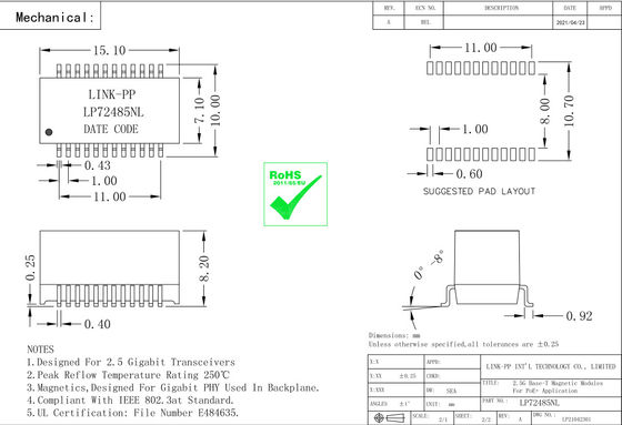 QT24A154P 2.5G Base-T PoE+ Lan Magnetic Modules LP72485NL