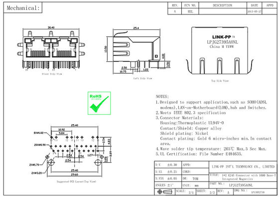 RTB-16FB9J1F RJ45 1X2 Tab Up 10/100/1000 Base-T Shielded w/LED
