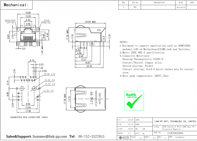 Ethernet Network Low-Profile RJ45 Jack Gigabit Tab-Up With LEDs