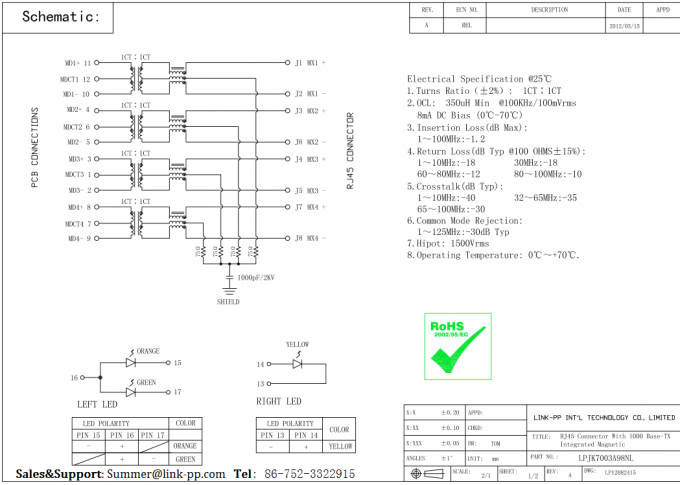 Ethernet Network Low-Profile RJ45 Jack Gigabit Tab-Up With LEDs