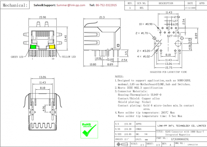 5-6605433-8 RJ45 Modular Jack Decouping Capacitor With Leds LPJG0806GENL