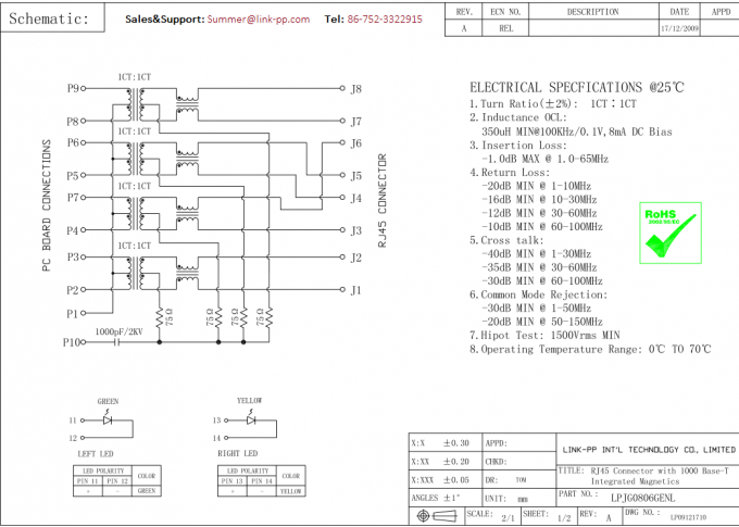 5-6605433-8 RJ45 Modular Jack Decouping Capacitor With Leds LPJG0806GENL