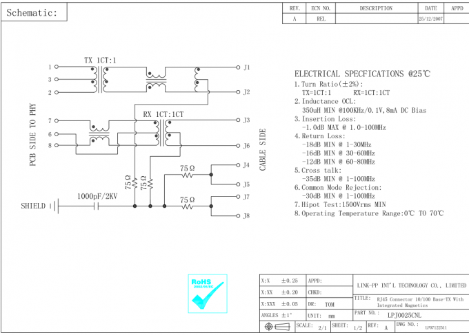RJ-001 Magnetic RJ45 Jack with Resistor / High Voltage Capacitor LPJ0025CNL
