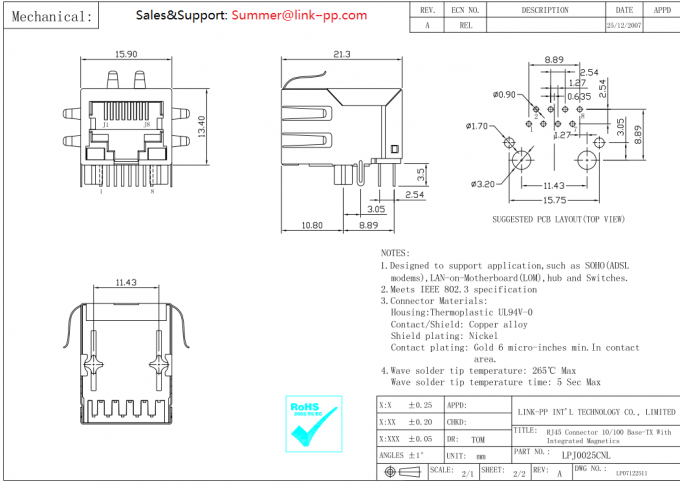 RJ-001 Magnetic RJ45 Jack with Resistor / High Voltage Capacitor LPJ0025CNL