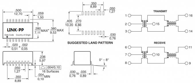 HX1188NL Lan Transformer Surface Mounted 10/100 Base - T Ethernet 16 ...