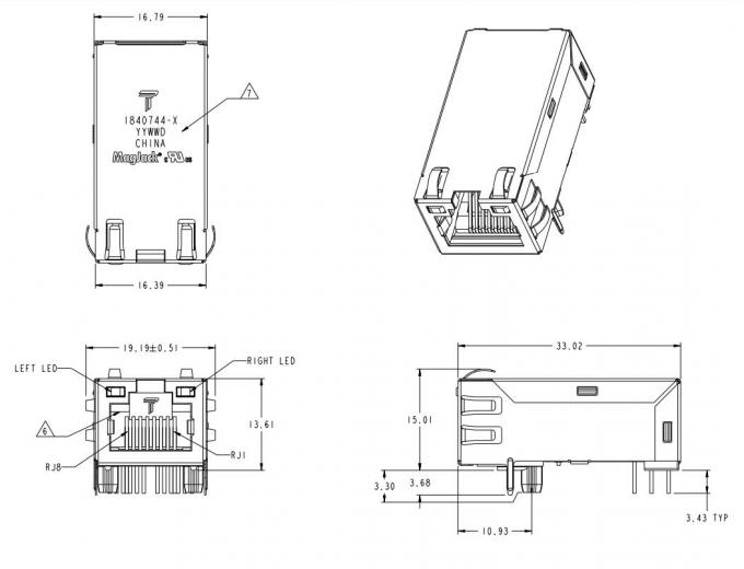 1840744-7 Magnetic Jack RJ45 1000BASE-T Tab Up G/G Leds